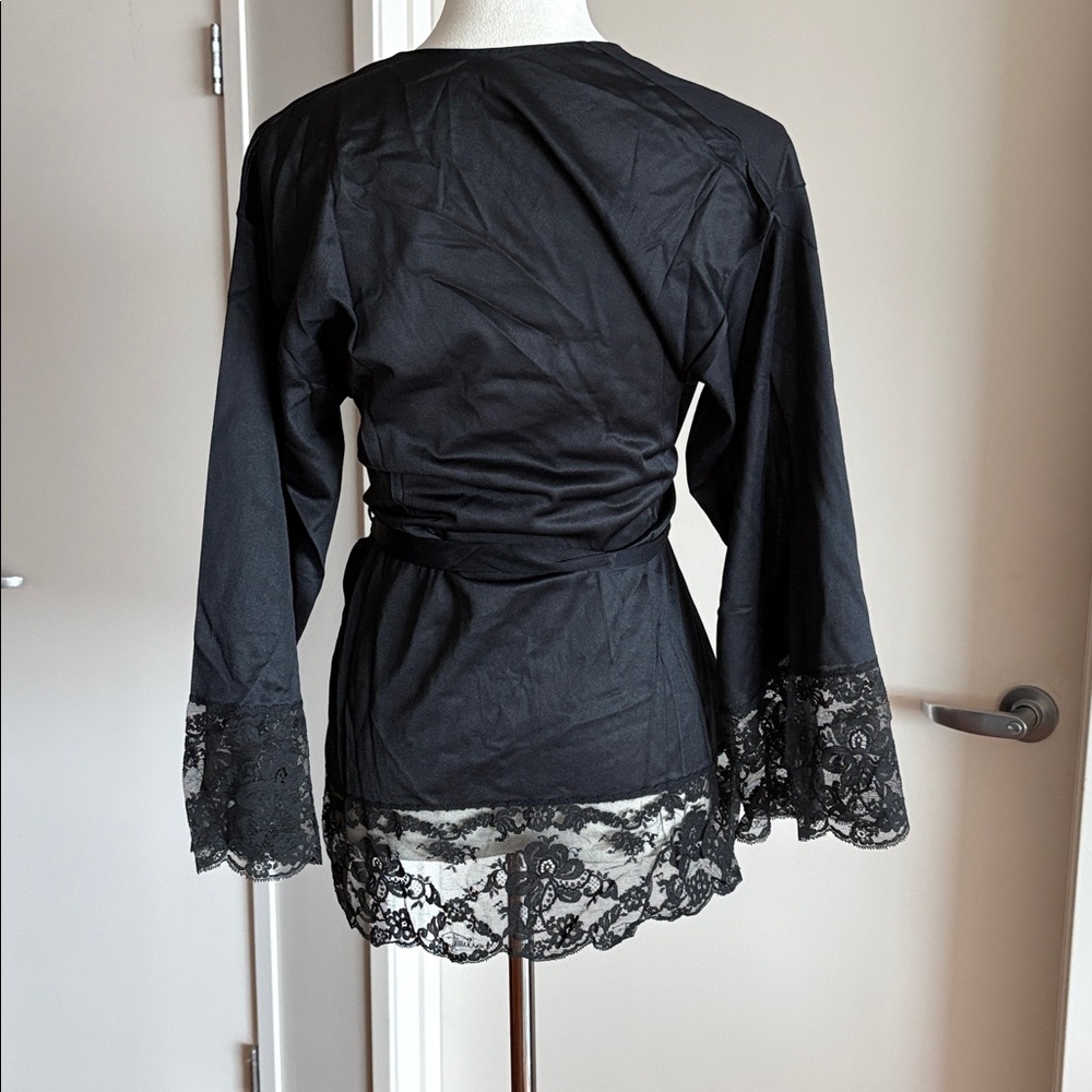 Vintage 1970s Emilio Pucci Black Satin Lace Trim Kimono Robe Nightgown Small - Picture 5 of 8